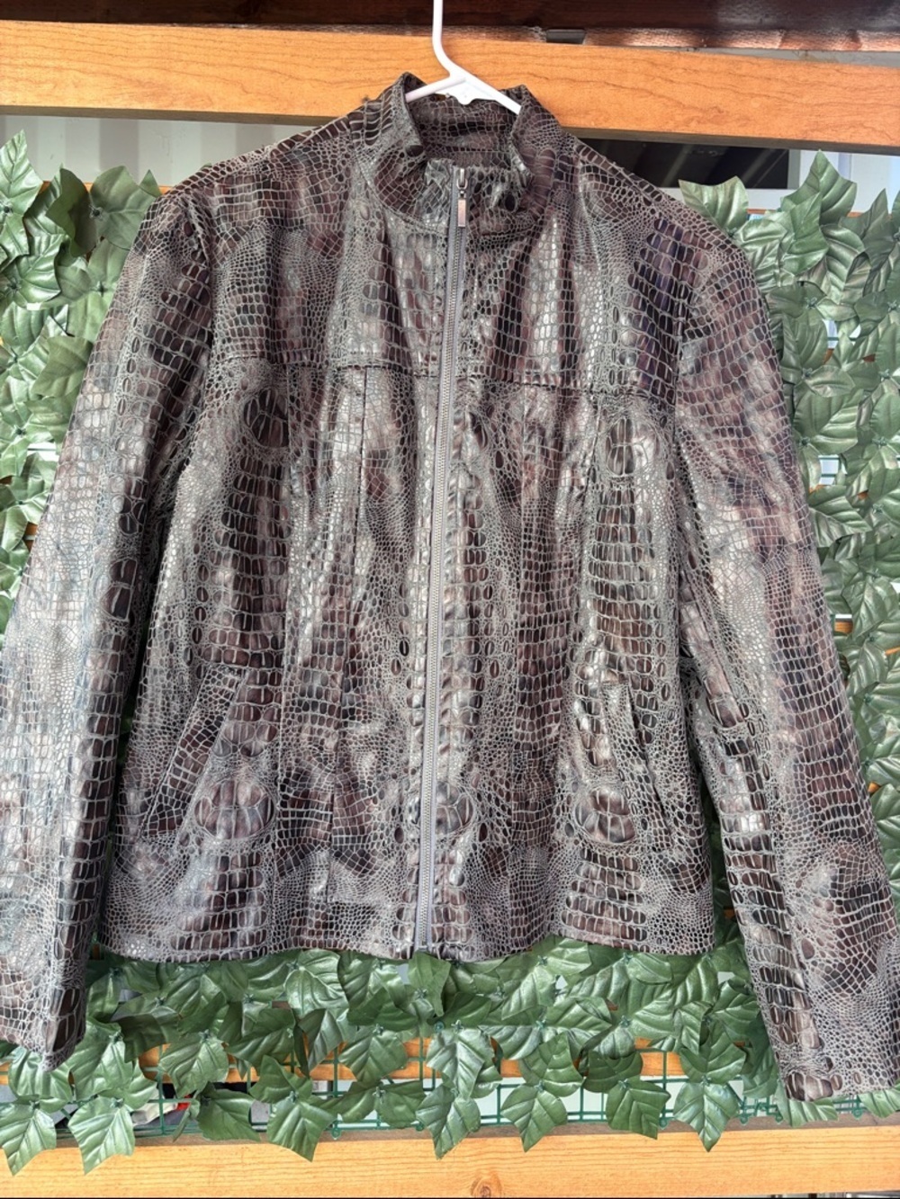 erin london Croc-Embossed Dark Brown Zip Front Leather Jacket
